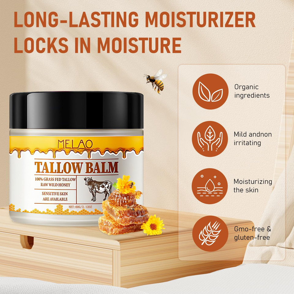 Tallow And Honey Balm,Whipped Tallow Honey Balm,Premium Beef Tallow And Wild Honey, Tallow Face Moisturizer, For All Skin Types (2 Pcs,60G / 2.12Oz)