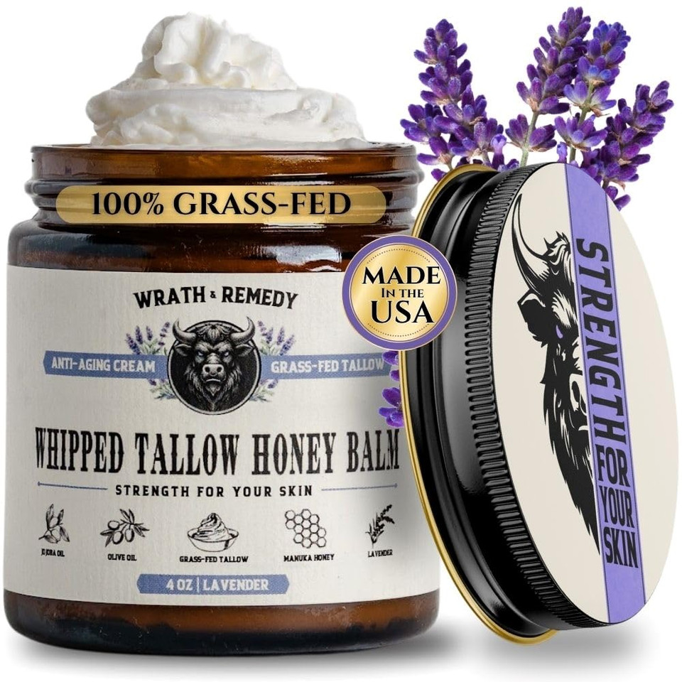 Wrath & Remedy Handmade Whipped Organic Beef Tallow For Skin - 4 Oz (Lavender)  Grass Fed Beef Tallow Moisturizer And Honey Balm For Silky, Sensitive-Skin, Eczema, Rosacea - Free Of Harsh Chemicals