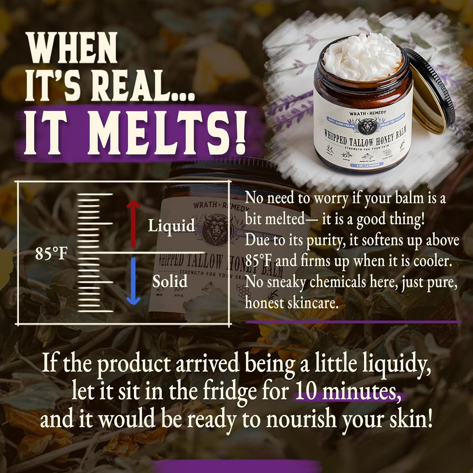 Wrath & Remedy Handmade Whipped Organic Beef Tallow For Skin - 4 Oz (Lavender)  Grass Fed Beef Tallow Moisturizer And Honey Balm For Silky, Sensitive-Skin, Eczema, Rosacea - Free Of Harsh Chemicals