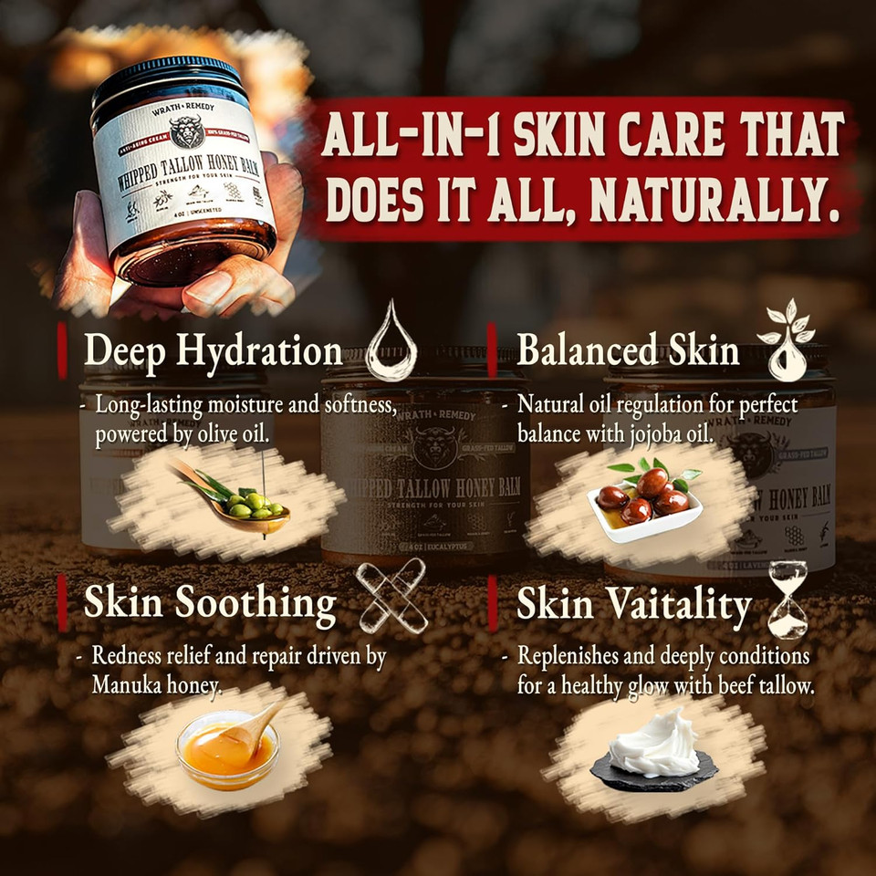 Wrath & Remedy Handmade Whipped Organic Beef Tallow For Skin - 4 Oz (Unscented)  Grass Fed Beef Tallow Moisturizer And Honey Balm For Silky, Sensitive-Skin, Eczema, Rosacea - Free Of Harsh Chemicals