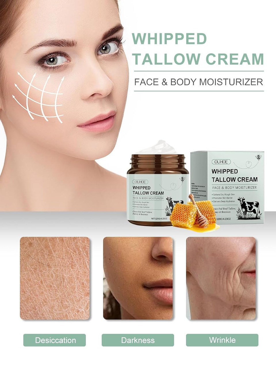 Beef Tallow For Skin - 4.2Oz - Organic Grass Fed Beef Tallow And Honey Balm - Whipped Tallow Balm Deeply Moisturizing For Face & Body - Natural Skin Care Whipped Texture For Deep Face & Body Hydration