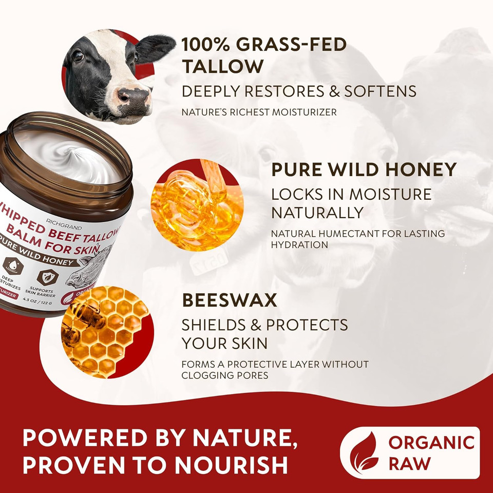 Beef Tallow For Skin  Whipped Tallow And Honey Balm With Grass-Fed Beef Tallow  Organic Daily Tallow Face Moisturizer & Body Balm  Deep Nourishment For Dry, Cracked, Sensitive Skin - 4.3 Oz