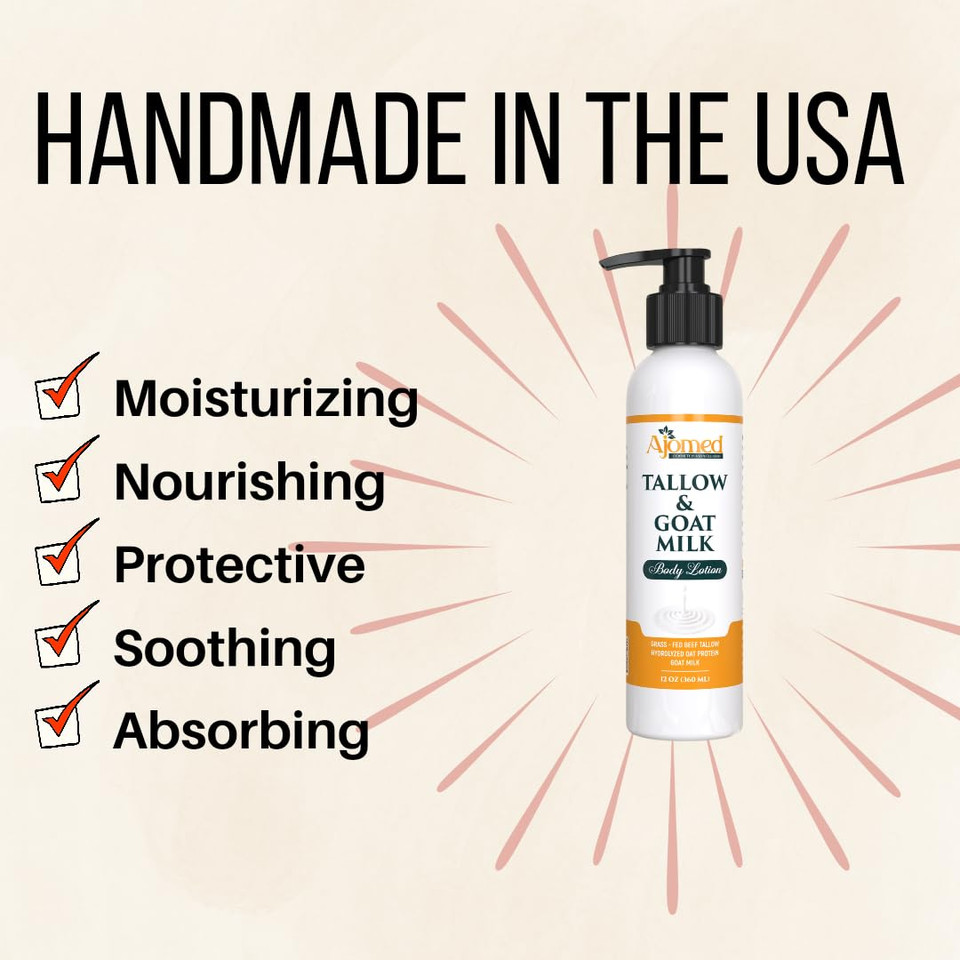 Grass Fed Beef Tallow & Goat Milk Body Lotion For Sensitive Skin, Organic Tallow Moisturizer- Soothes Dry Patches, Goat Milk Moisturizer - Handmade Tallow Body Lotion (Oatmeal & Honey, 12 Oz)