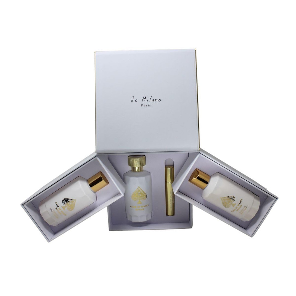 Jo Milano Game Of Spades Royale 4-Piece Gift Set Unisex, (3.4 Oz Parfum Spray + 6.8 Oz Body Cleanser + 6.8 Oz Body Cream + 0.27 Oz Refillable Atomizer)