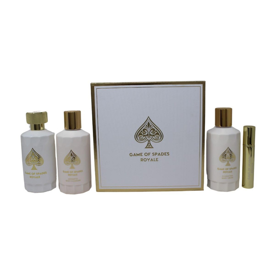 Jo Milano Game Of Spades Royale 4-Piece Gift Set Unisex, (3.4 Oz Parfum Spray + 6.8 Oz Body Cleanser + 6.8 Oz Body Cream + 0.27 Oz Refillable Atomizer)