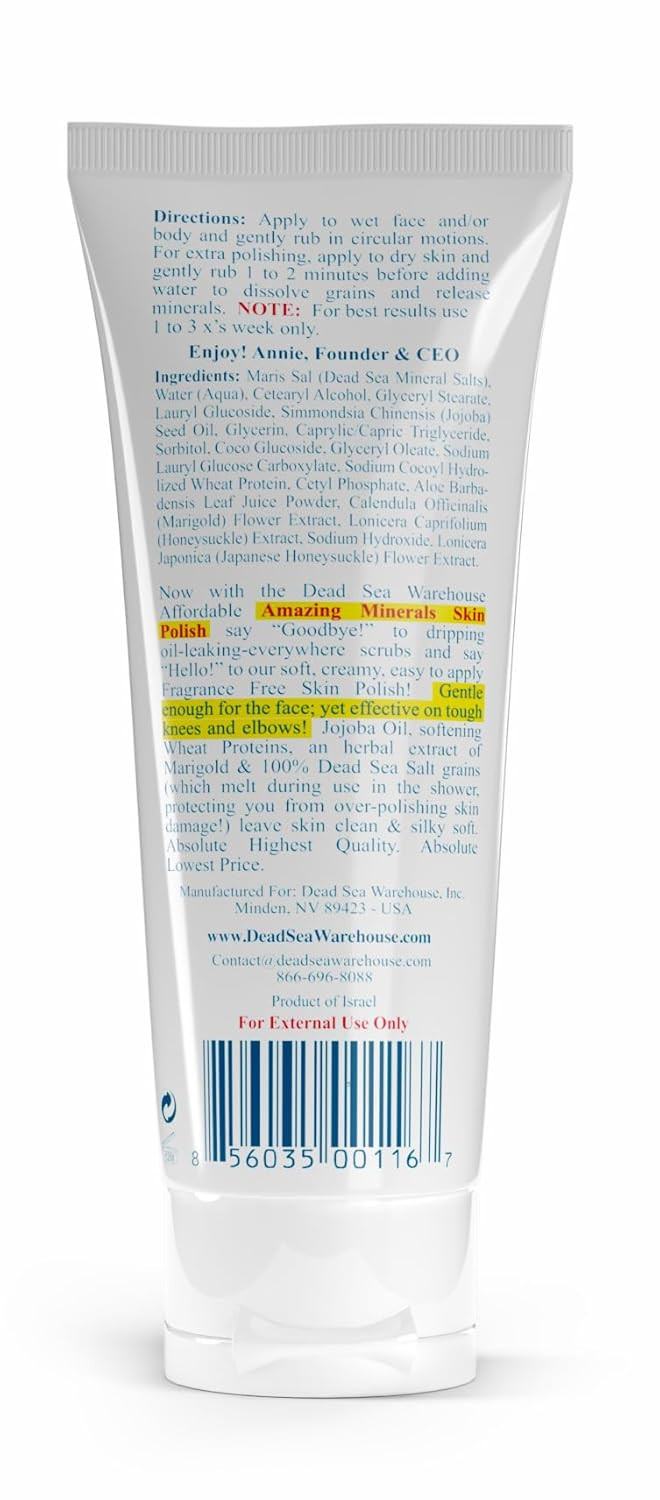 Dead Sea Warehouse - Skin Polish Dead Sea Salt Scrub - For Face, Rough Elbows, And Knees - Silky Smooth Skin, Fragrance-Free - Vegan - 8.8 Oz