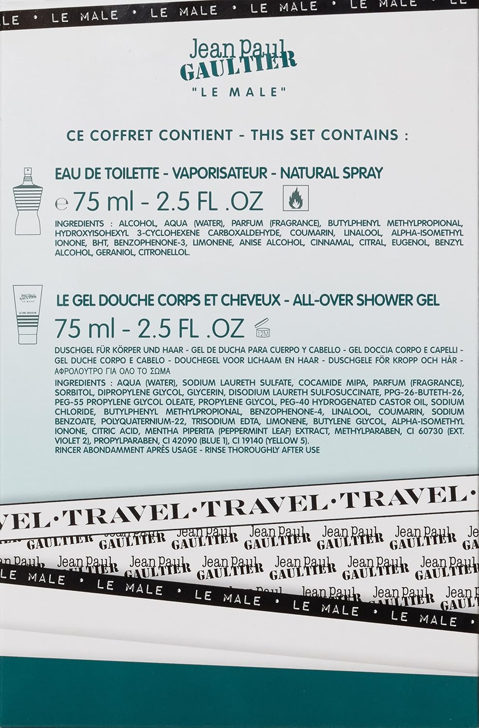 Le Male By Jean Paul Gaultier For Men 2 Piece Set Includes: 2.5 Oz Eau De Toilette Spray + 2.5 Oz Shower Gel