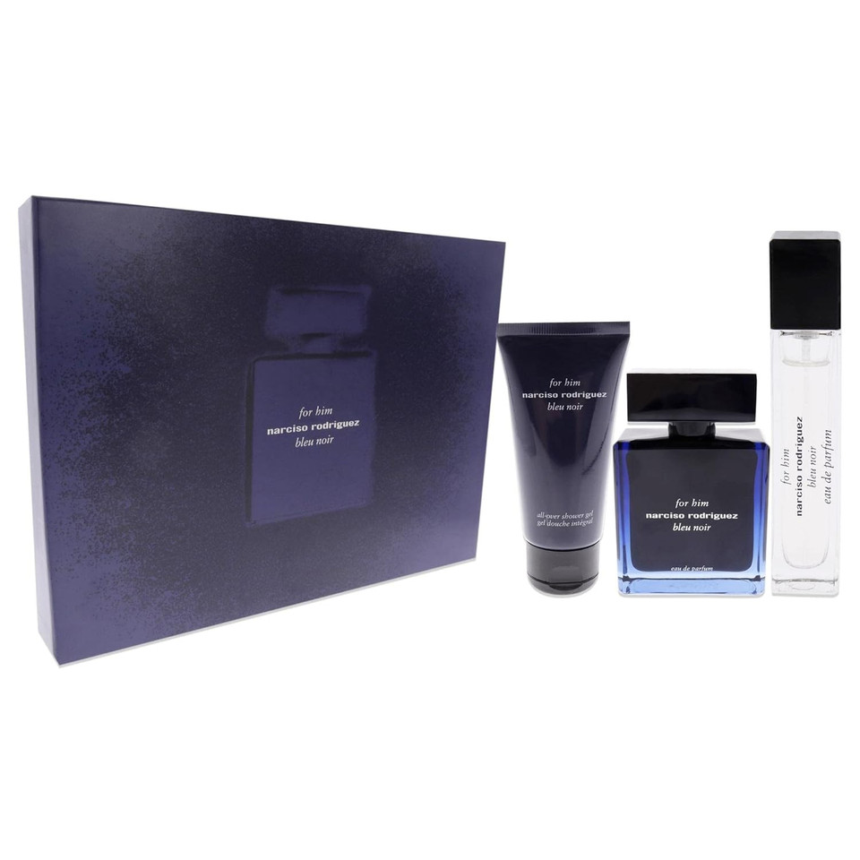 Narciso Rodriguez Bleu Noir For Men 3 Piece Set (3.4 Ounce Eau De Parfum Spray + 1.6 Ounce All-Over Shower Gel + 0.33 Ounce Eau De Parfum Spray)