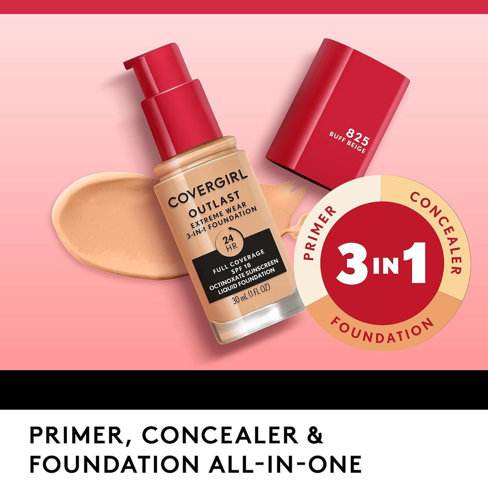 Covergirl Outlast Extreme Wear 3-In-1 Full Coverage Liquid Foundation, Spf 18 Sunscreen, Fair Ivory, 1 Fl. Ozfair Ivory