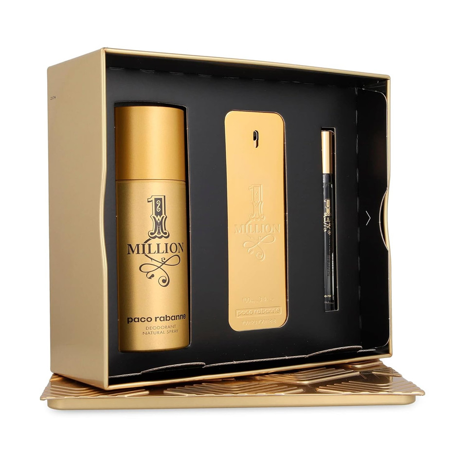 Paco Rabanne One Million 3-Piece Gift Set For Men, (3.4 Oz Eau De Toilette Spray + 5.1 Oz Deodorant Spray + 0.33 Oz Travel Spray)