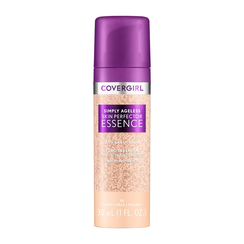 Covergirl Simply Ageless Skin Perfector Essence Foundation, 20 Light, Tinted Skin Perfector, Skincare Makeup Hybrid, Sheer Tint, Radiant Finish, Skin-Like Finish, Vegan Formula, 1.0Oz20 Light
