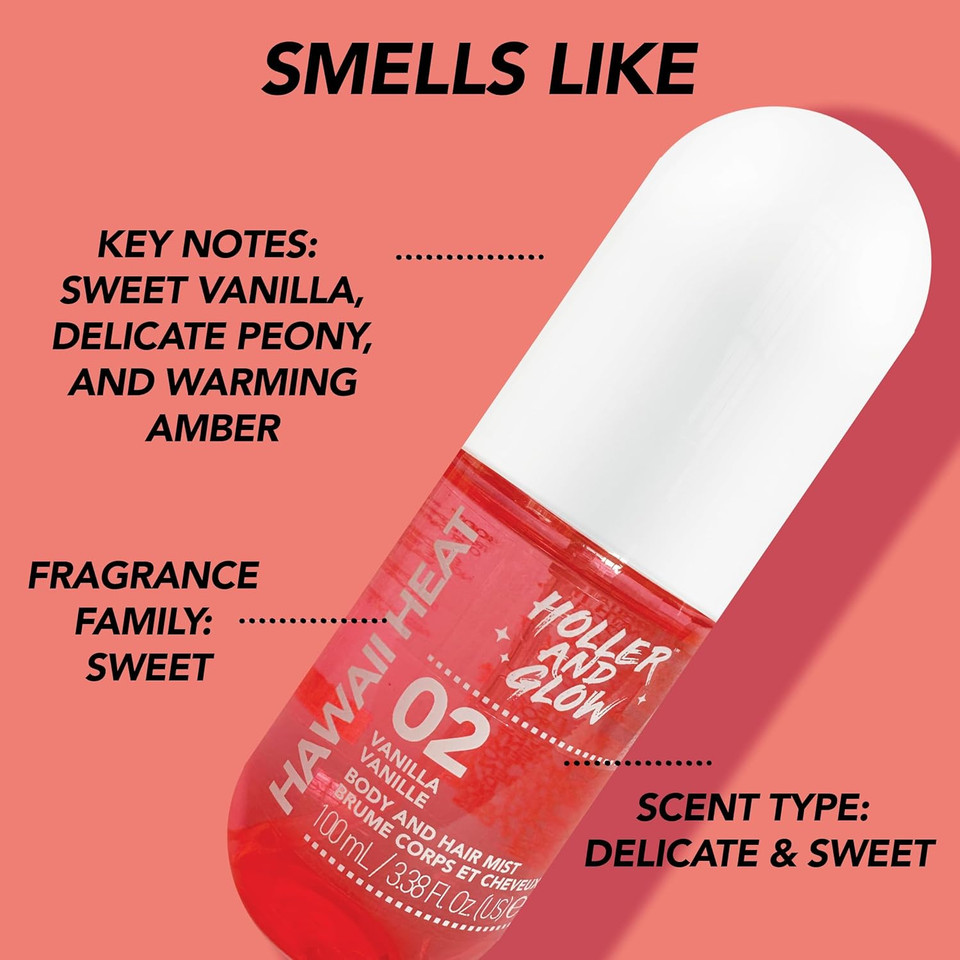 Holler And Glow Hawaii Heat Vanilla Body & Hair Mist, Body Spray For Women, Hair Perfume For Women, Delicate Peony, Amber Scented, Warm & Sweet, Travel Sized, 3.38 Fl Oz