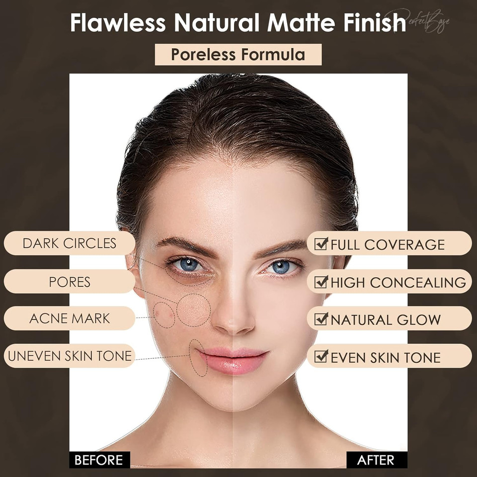 Focallure Perfectbase Lasting Poreless Liquid Foundation, Medium To Full Coverage With Matte Finish, Covers Blemishes & Under-Eye Circles For All Skin Types, Cp03 Silk01 Cp03 Silk