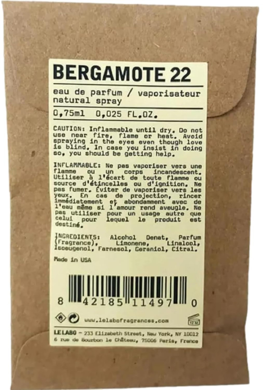 Le Labo Bergamote 22 Unisex Perfume Edp Vial 0.75 Ml / 0.025 Oz - (One Sample Vial Per Order) 4970