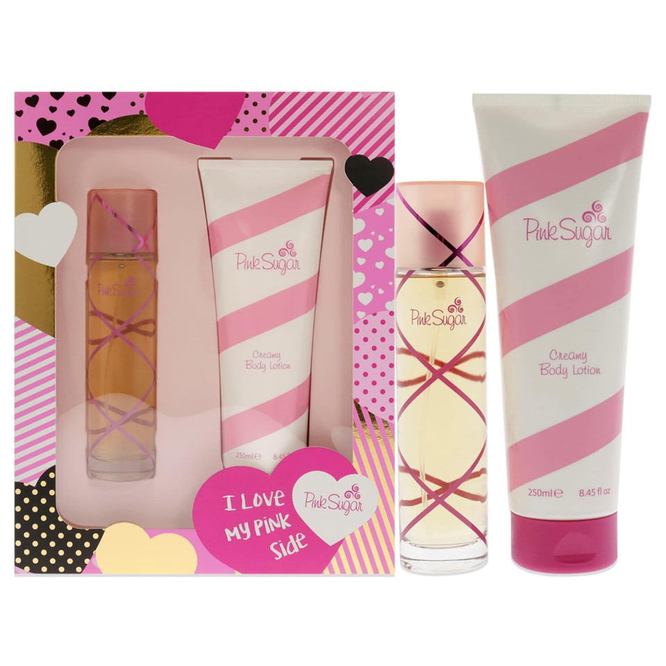 Aquolina Pink Sugar For Women 2 Pc Gift Set 3.4 Oz Eau De Toilette Spray, 8.45 Oz Creamy Body Lotion, Fresh Scent