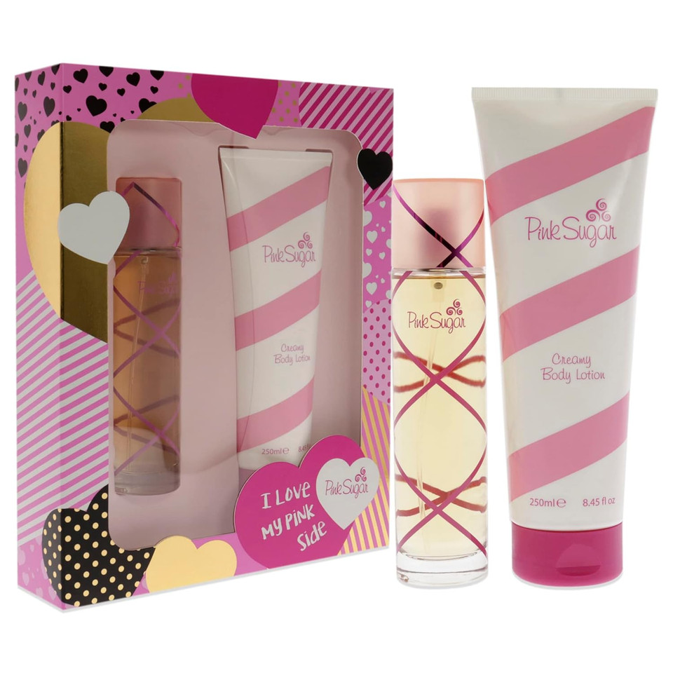 Aquolina Pink Sugar For Women 2 Pc Gift Set 3.4 Oz Eau De Toilette Spray, 8.45 Oz Creamy Body Lotion, Fresh Scent