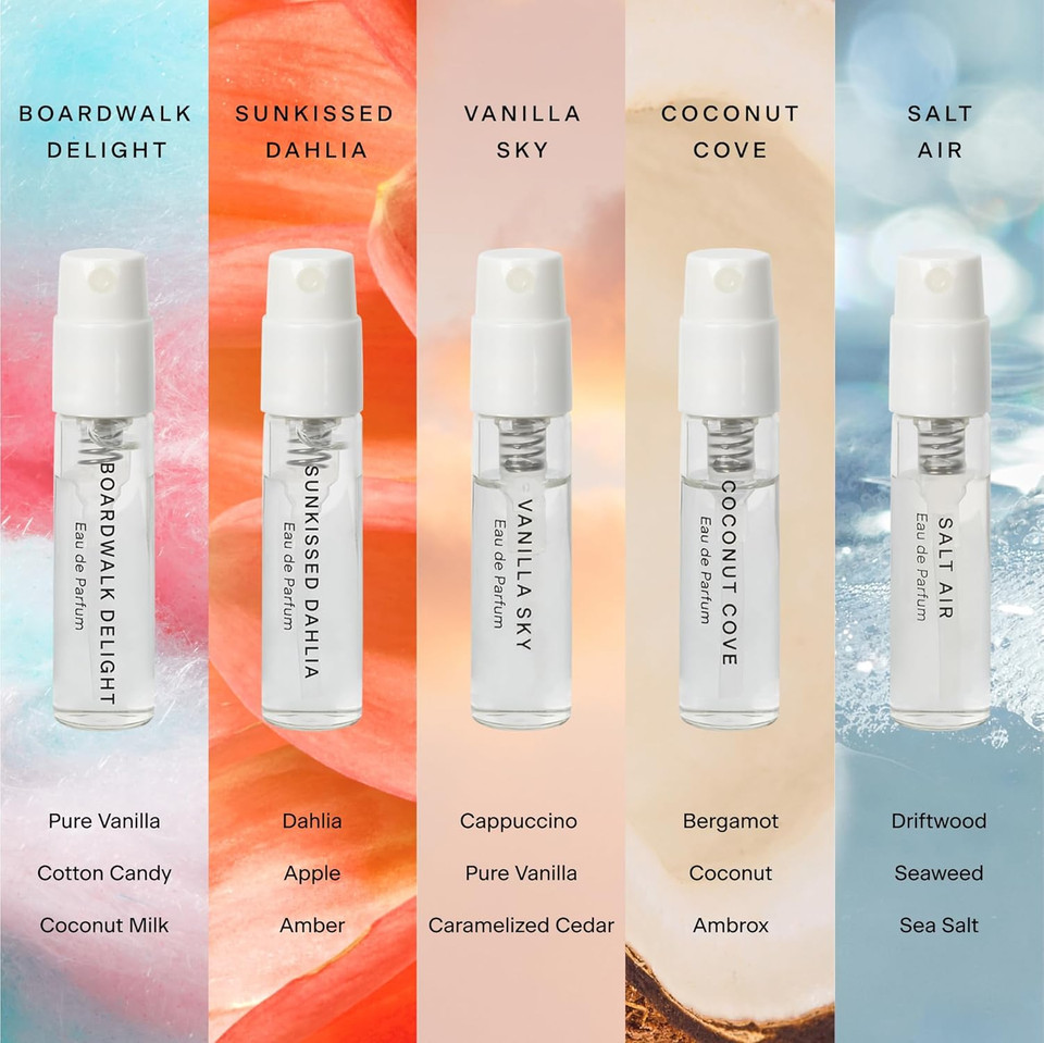 Skylar Eau De Parfum Discovery Spray Sampler Gift Set - Hypoallergenic & Clean Perfume For Women & Men- Peach Fields- Vanilla Sky, Lime Sands, Salt Air, Coconut Cove - 5 1.5Ml Spray Bottles