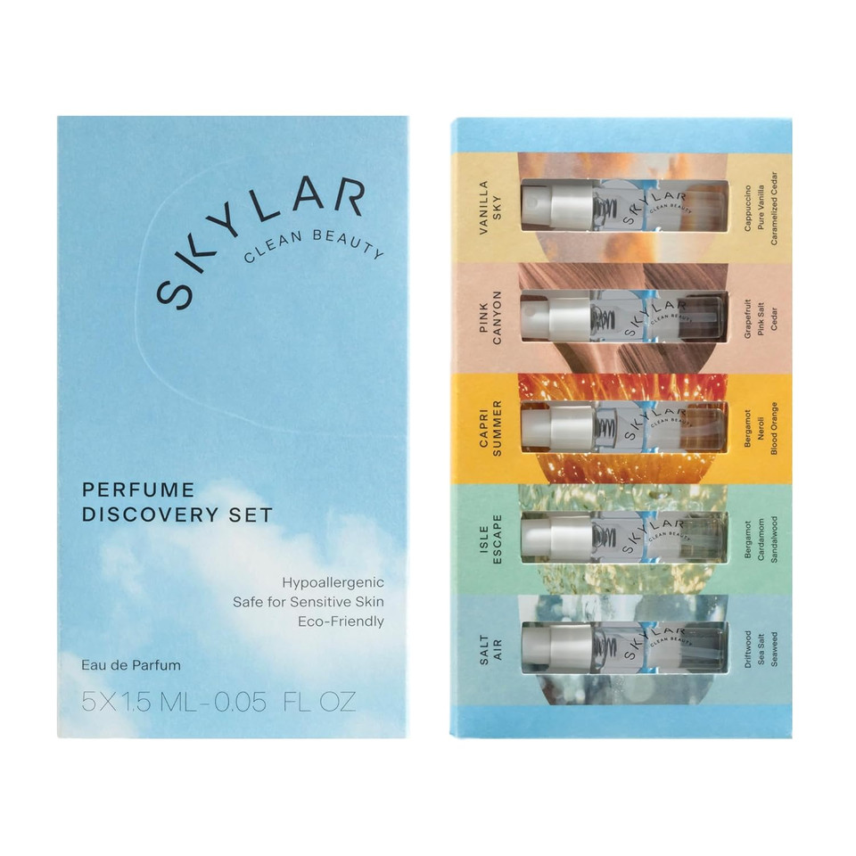 Skylar Eau De Parfum Discovery Spray Sampler Gift Set - Hypoallergenic & Clean Perfume For Women & Men- Peach Fields- Vanilla Sky, Lime Sands, Salt Air, Coconut Cove - 5 1.5Ml Spray Bottles