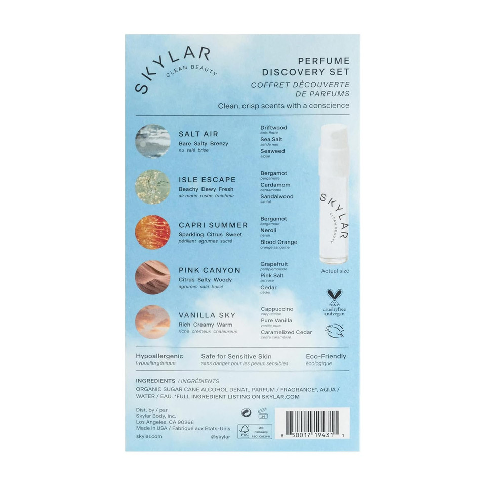Skylar Eau De Parfum Discovery Spray Sampler Gift Set - Hypoallergenic & Clean Perfume For Women & Men- Peach Fields- Vanilla Sky, Lime Sands, Salt Air, Coconut Cove - 5 1.5Ml Spray Bottles