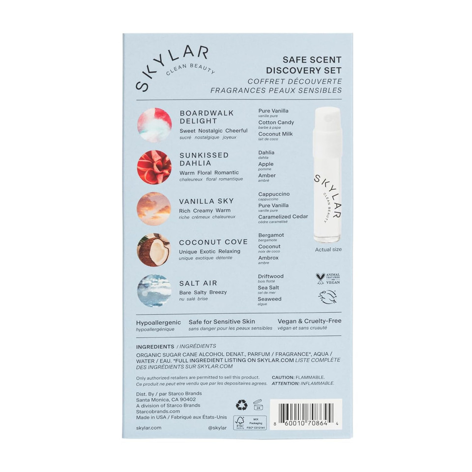 Skylar Perfume Discovery Spray Sampler Set - Salt Air, Isle Escape, Capri Summer, Pink Canyon, Vanilla Sky- Hypoallergenic & Clean Perfume For Women & Men - 5 1.5Ml Skylar Perfume Discovery Spray Sampler Set - Salt Air, Isle Escape, Capri Summer, Pink Canyon, Vanilla Sky- Hypoallergenic & Clean Perfume For Women & Men - 5 1.5Ml