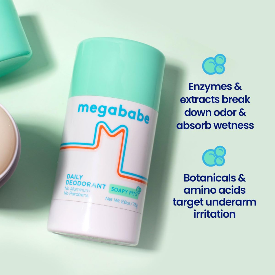 Megababe Daily Deodorant - Soapy Pits | Aluminum-Free, Clear & Clean | 2.6 Oz