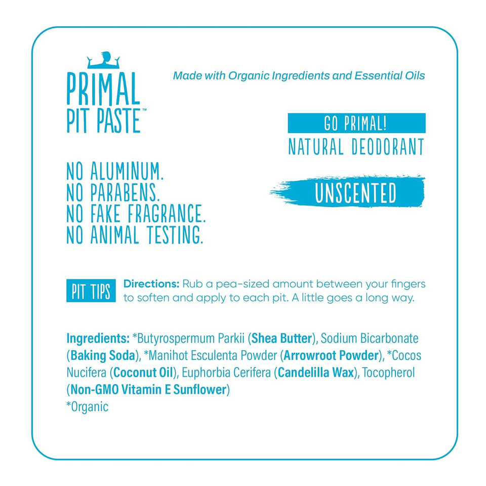 Primal Pit Paste Natural Aluminum-Free Deodorant, Unscented (1-Pack) | All-Day Odor Control For Women & Men | Effective, Skin Soothing Formula With Safe, Organic Ingredients, No Added Fragrance