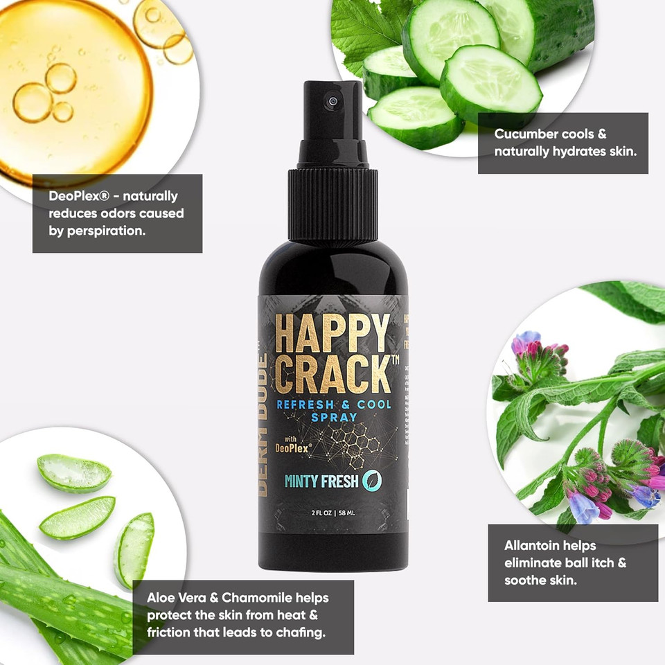 Derm Dude Happy Crack Refresh & Cool Butt Spray | With Soothing Witch Hazel | Formulated With All-Natural Deoplex For Odor Control | Deodorant & Odor Eliminator Spray - Minty Fresh Scent, 2Oz (1 Pack)