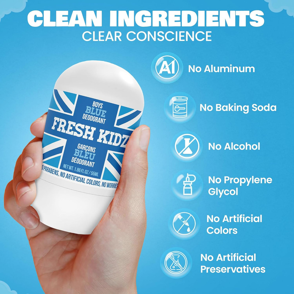 Fresh Kidz Roll On Deodorant For Kids And Teens - Baking Soda And Aluminum-Free 24 Hour Protection For Sensitive Skin - Boys "Blue" 1.86 Fl.Oz