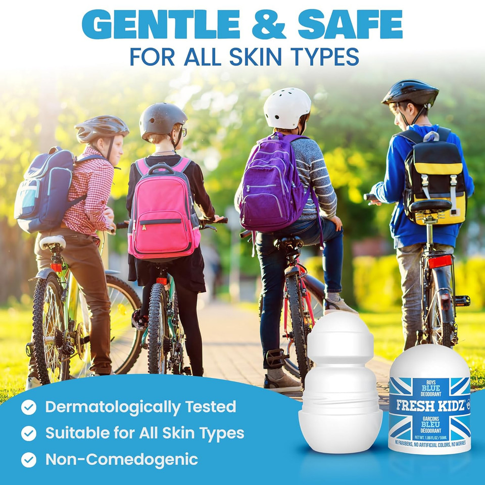 Fresh Kidz Roll On Deodorant For Kids And Teens - Baking Soda And Aluminum-Free 24 Hour Protection For Sensitive Skin - Boys "Blue" 1.86 Fl.Oz