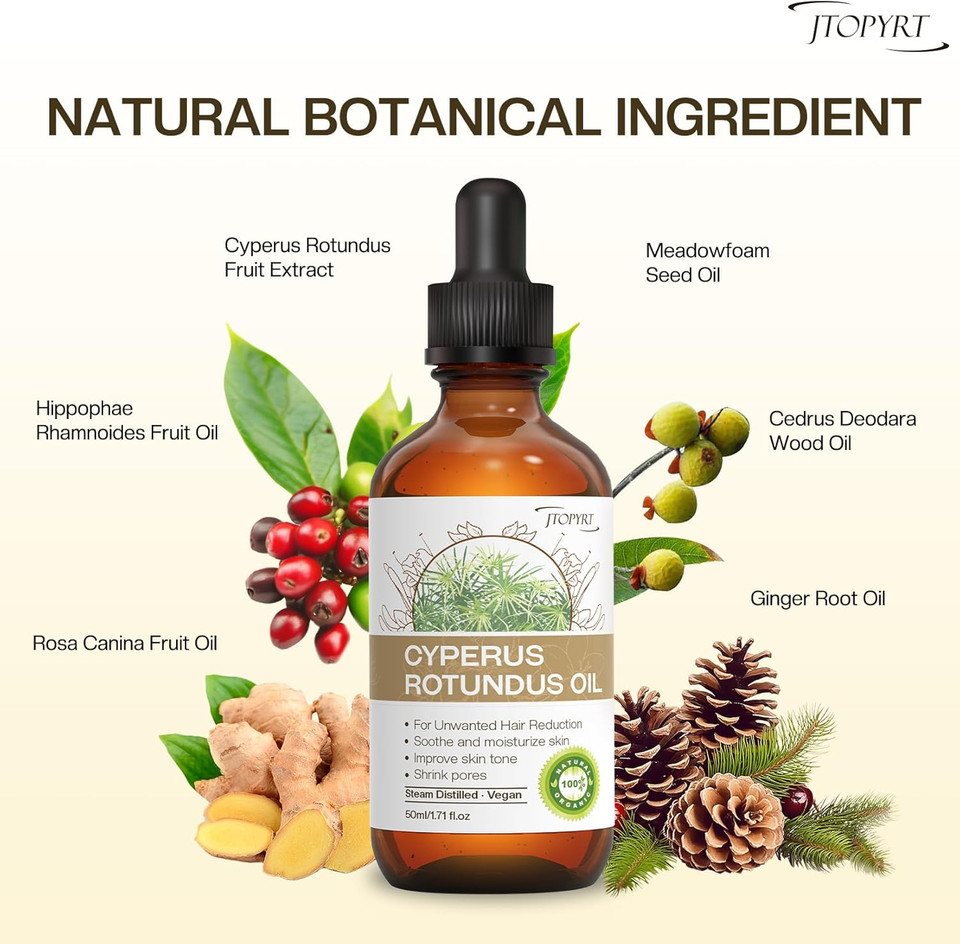 Cyperus Rotundus Oil For Hair Removal: Reduces Unwanted Hair Growth, Slows Regrowth, Soothes Skin & Shrinks Pores Suitable For All Skin Types (1.71 Fl Oz)