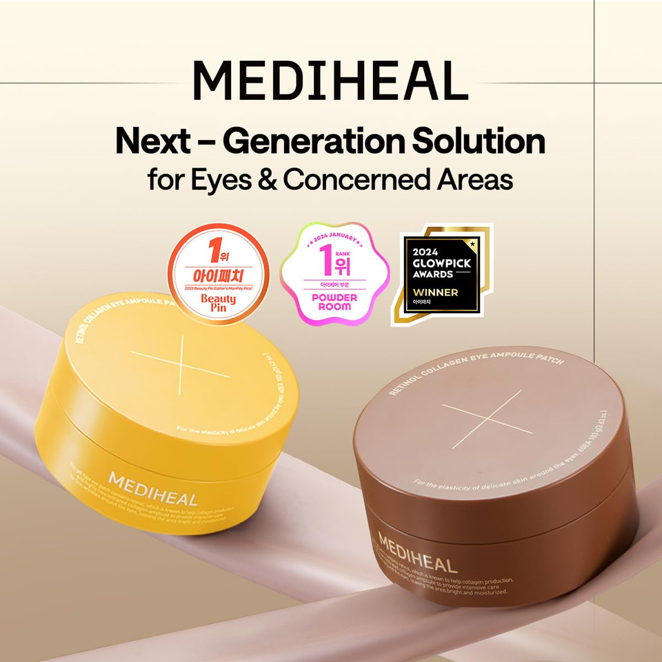 Mediheal Retinol Collagen Under Eye Patches - Korean Hydrogel Eye Pads (60 Patches) With 95% Retinol & 5 Micro Collagen. Nourishing & Non Irritating Eye Gel Mask. Sealing Cap & Spatula Included