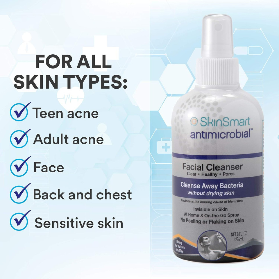 Skinsmart Facial Cleanser For Acne, Targets Bacteria For Active Teenage Athletes Post Workout And Adult Acne, 8 Oz Spray Bottle, Safe For Multiple Daily Uses