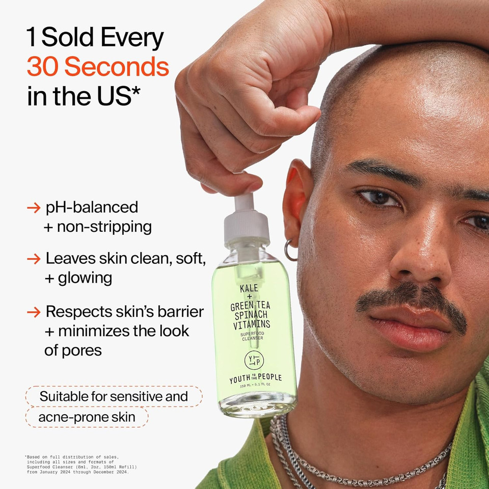 Youth To The People Superfood Facial Cleanser - Kale + Green Tea Daily Face Wash, Gentle Makeup Remover, With Antioxidants For Glowing Skin & Less Visible Pores, Award-Winning, Refillable Packaging