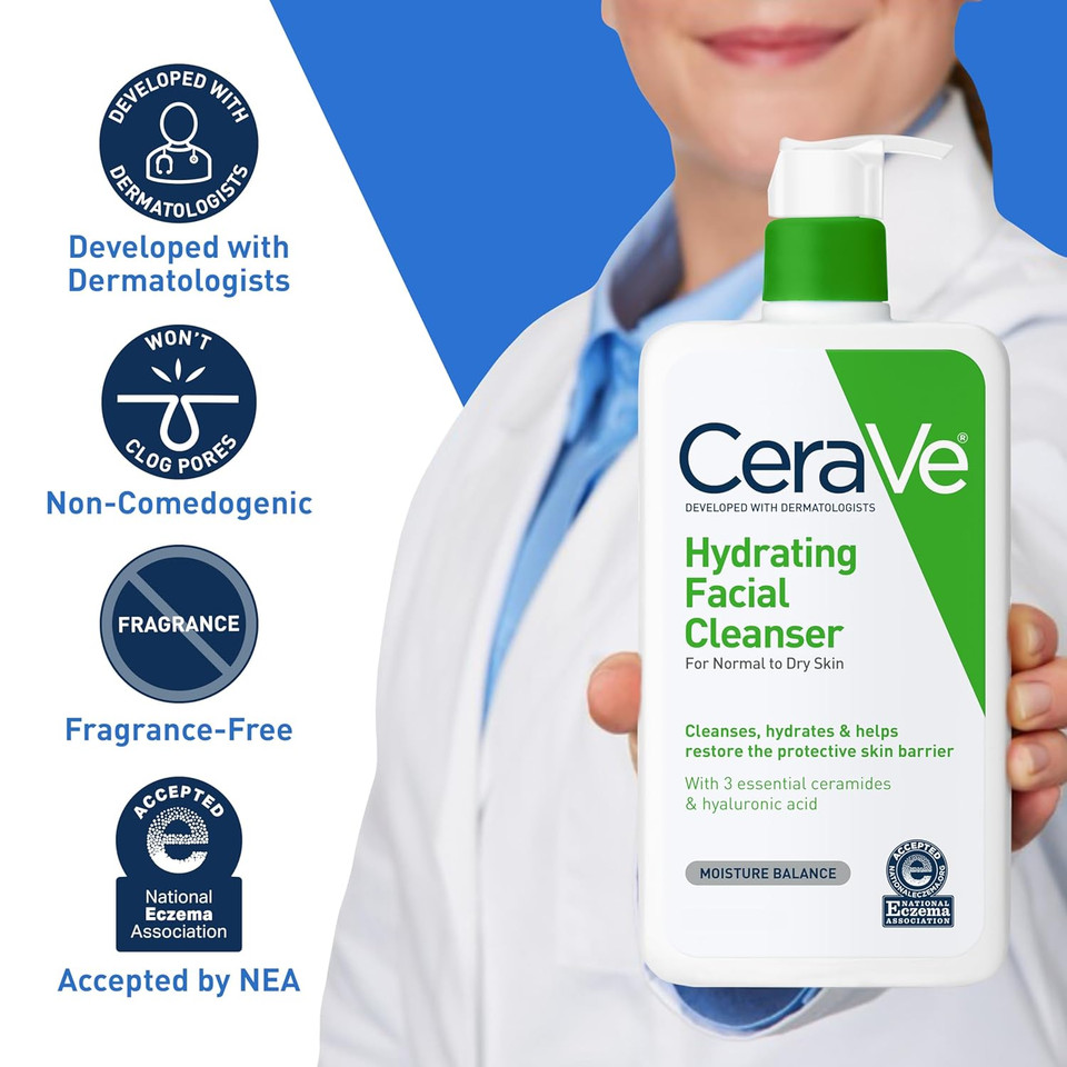 Cerave Hydrating Facial Cleanser, Moisturizing Face Wash For Dry Skin, Hyaluronic Acid + Ceramides + Glycerin, Hydrating Cleanser For Normal To Dry Skin, National Eczema Association Certified