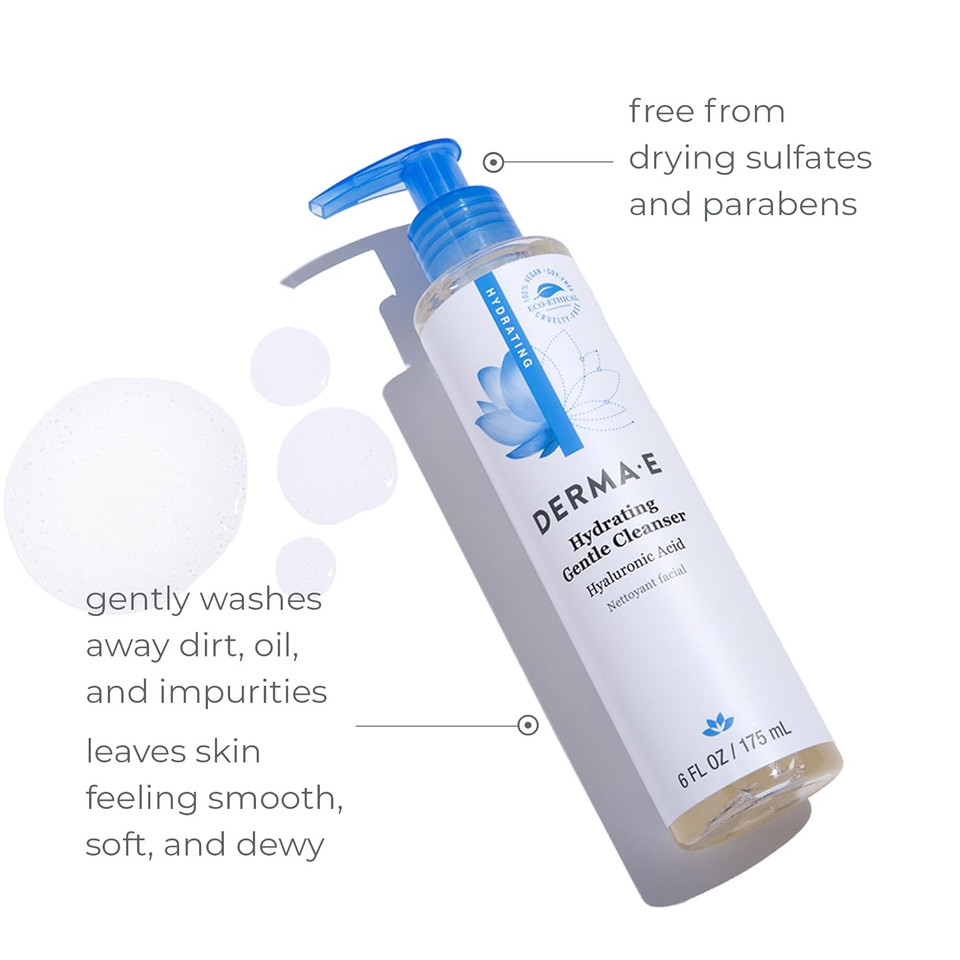 Derma E Hydrating Gentle Cleanser With Hyaluronic Acid  Moisturizing Facial Cleanser Tones, Moisturizes & Improves Skin Texture  Gently Exfoliating Face Wash, 6 Fl Oz