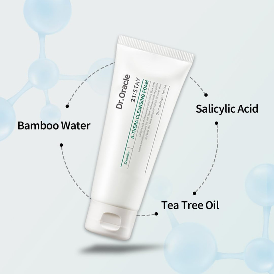 Dr.Oracle 21 Stay A-Thera Cleansing Foam  Tea Tree Oil & Salicylic Acid Cleanser For Hormonal Acne, Pore Deep Cleansing Foam, Korean Skin Care, Dermatologist Tested 3.38 Fl Oz