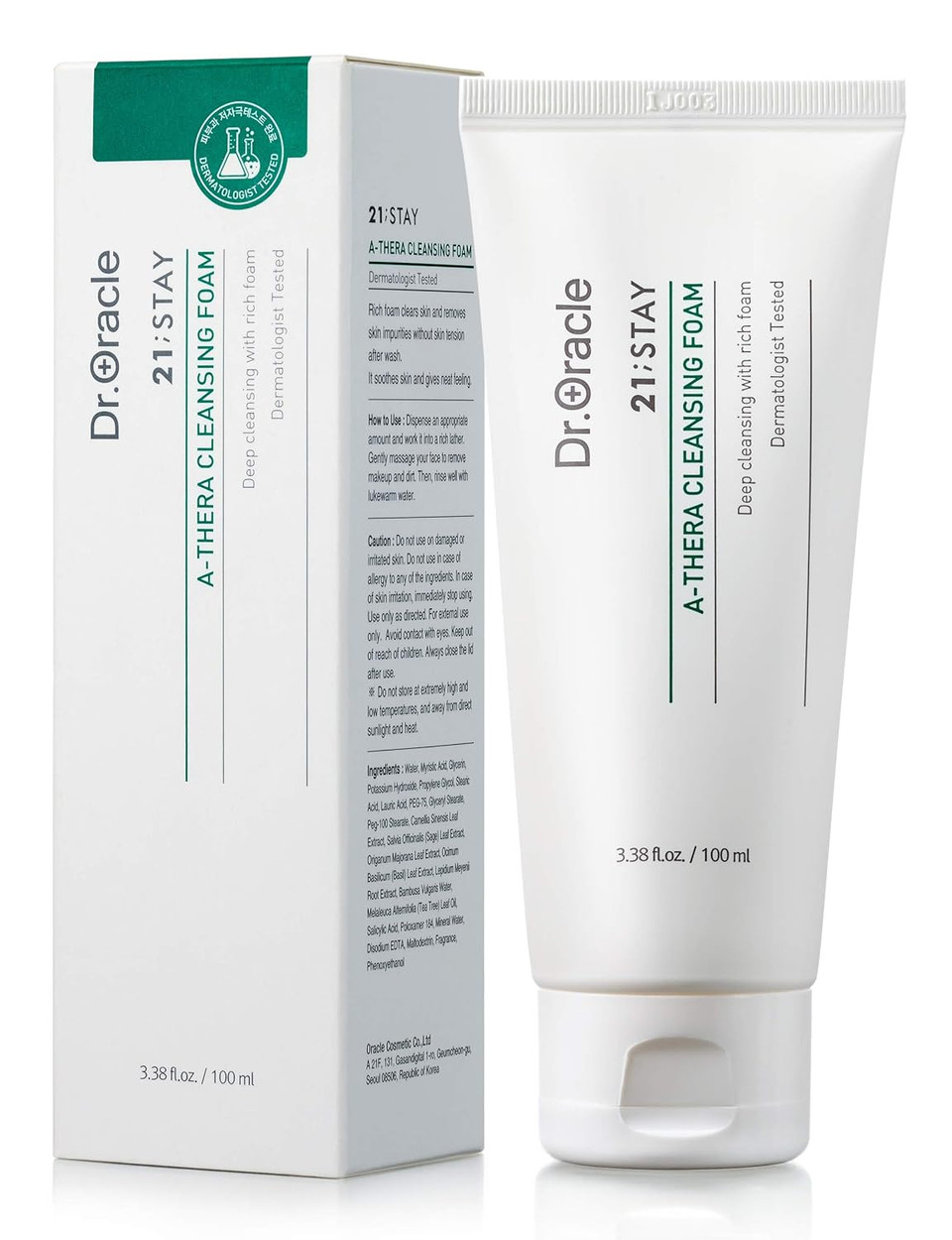 Dr.Oracle 21 Stay A-Thera Cleansing Foam  Tea Tree Oil & Salicylic Acid Cleanser For Hormonal Acne, Pore Deep Cleansing Foam, Korean Skin Care, Dermatologist Tested 3.38 Fl Oz