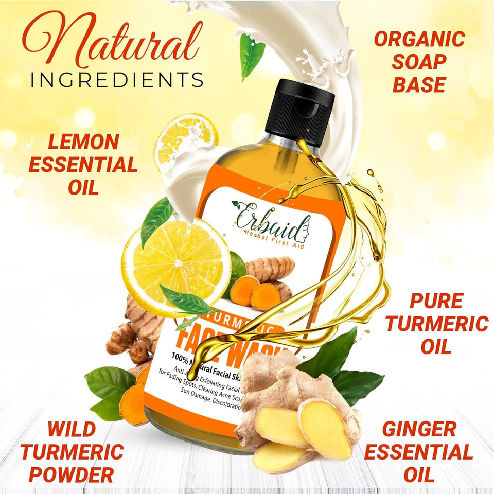 Turmeric Face Wash, 4Oz Clear Skin Liquid Soap  100% Natural Exfoliating Turmeric Facial Cleanser  Turmeric Brightening Soap Skin Detox Treatment Made In Usa