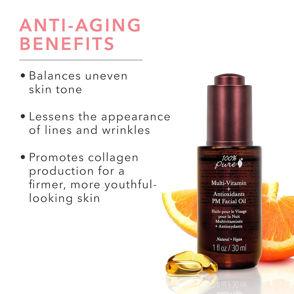 100% Pure Multi-Vitamin + Antioxidants Pm Facial Oil, Anti-Aging Skin Care, Night Facial Oil, Anti-Wrinkle, Natural Face Moisturizer W/Retinol, Vitamin C, Coq10-1 Fl Oz