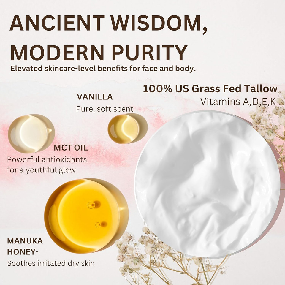 Whipped Beef Tallow For Skin - 100% Pure, Grass Fed Tallow Moisturizer For Face And Body - Organic Honey Beef Balm For Sensitive Skin - Quick Absorbing Hydration (Vanilla Cloud)