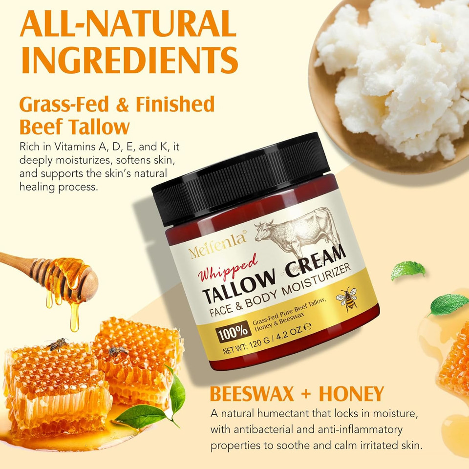 Beef Tallow For Skin, Tallow And Honey Cream Natural Tallow Face Moisturizer, Hydrating Beef Tallow Balm Deeply Moisturizing For Face & Body Skin Care