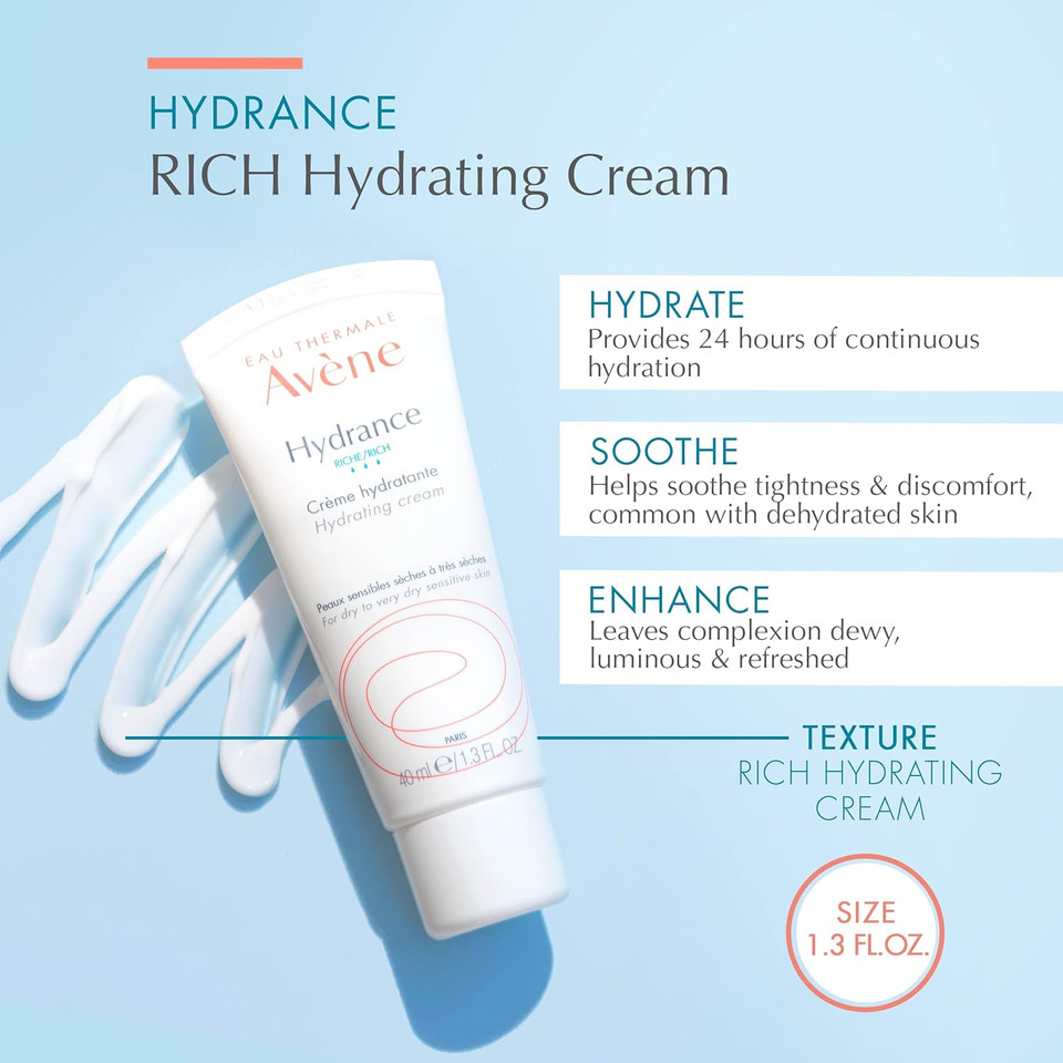 Avène Hydrance Rich Hydrating Cream, Daily Face Moisturizer, Soothes Feelings Of Skin Tightness & Discomfort Associated With Dryness, Dry Skin Moisturizer, Non-Comedogenic, 1.3 Oz