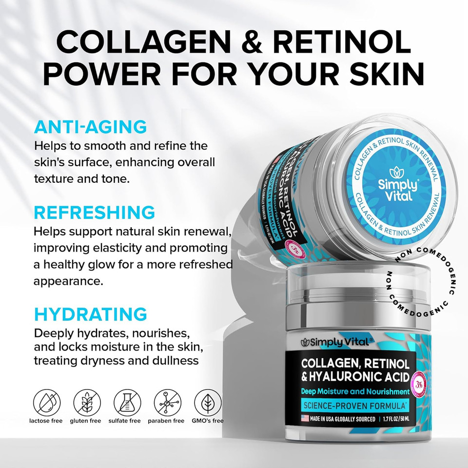 Simplyvital Collagen Face Moisturizer - Anti-Aging Retinol Cream For Face, Neck & Décolleté With Hyaluronic Acid - Made In Usa, Daily Moisturizer Face Cream, 2-Pack