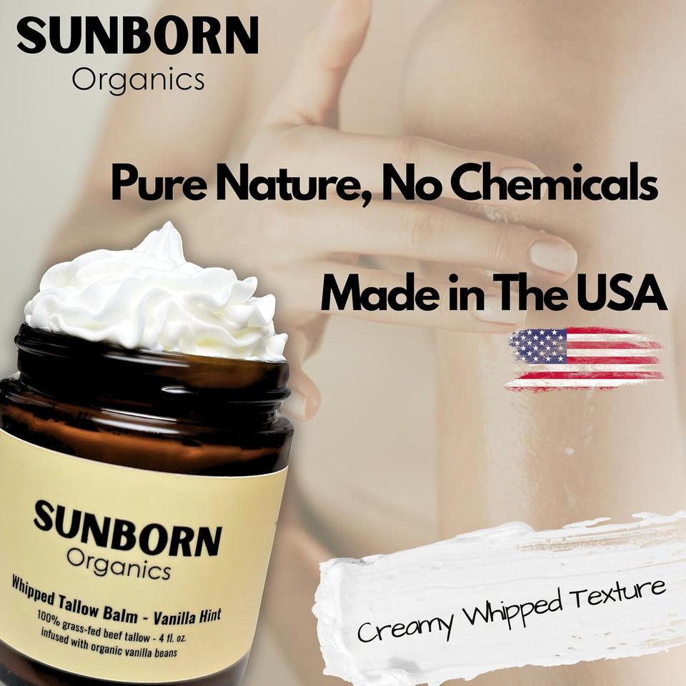 Pure Whipped Tallow Balm | 100% Organic Grass-Fed Beef Tallow Face Moisturizer & Lip Balm (4Oz, Vanilla Hint)