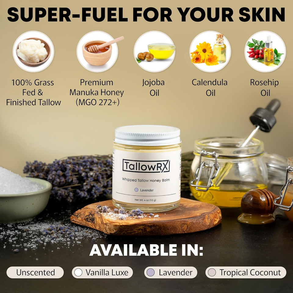100% Grass-Fed Beef Tallow For Skin  Whipped Tallow Honey Balm, Pure & Organic Moisturizer For Face & Body With Manuka Honey, Jojoba & Calendula  Deep Hydration & Soothing (4 Oz, Vanilla Scented)