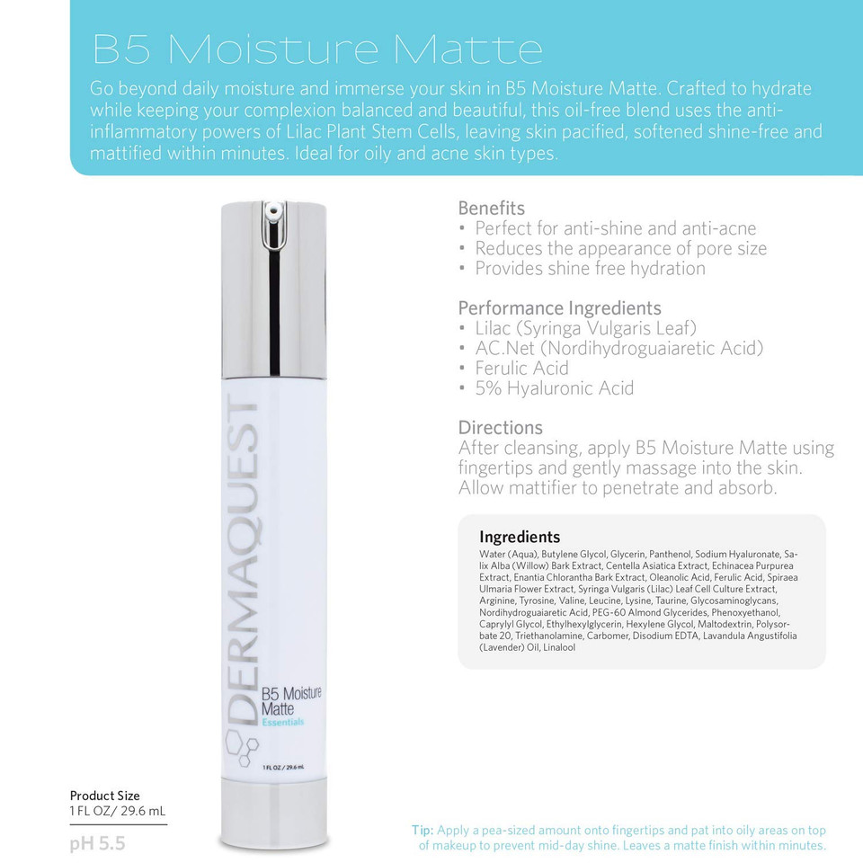 Dermaquest Essential B5 Moisture Matte - Face Moisturizer For Oily & Acne Prone Skin - 5% Hyaluronic Acid Women & Mens Moisturizer - Reduces Oil & Shine Instantly (1Oz)
