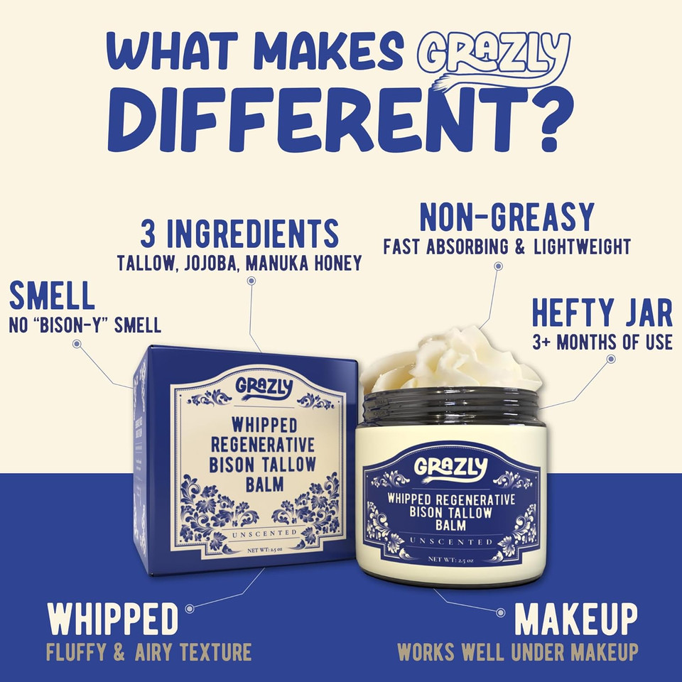 Unscented Whipped Bison Tallow Balm With Manuka Honey & Jojoba Oil - Grass-Fed & Finished Organic Tallow Face Moisturizer - Face & Body Cream For Acne-Prone Skin - Nourishing Skincare - 2.5Oz