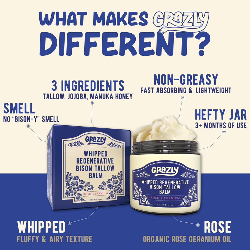 Whipped Bison Tallow Balm W/Manuka Honey, Jojoba, Rose Geranium Oil - Grass-Fed & Finished Organic Tallow Face Moisturizer - Face & Body Cream For Acne-Prone Skin -Nourishing Skincare (2 Jars)