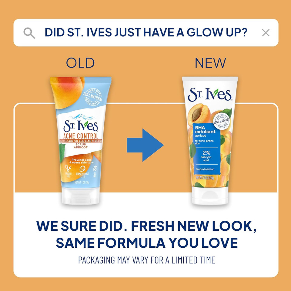 St. Ives Acne Control Face Scrub Apricot, Minimize Pores, Prevent Acne And Blemishes, With Salicylic Acid ,100% Natural Exfoliants, 6 Oz, Twin Pack