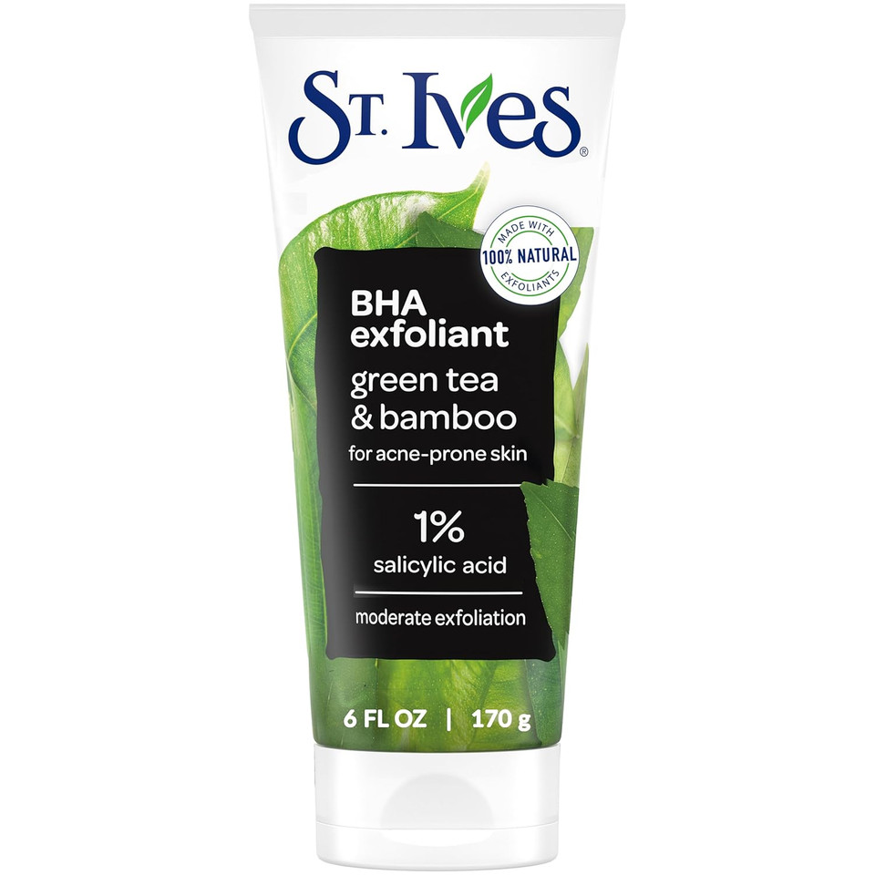St. Ives Blackhead Clearing Face Scrub, Clears Blackheads & Unclogs Pores, Green Tea & Bamboo, Salicylic Acid Acne Treatment Facial Scrub, Moderate Exfoliator Skin Care With Natural Exfoliants 6 Oz